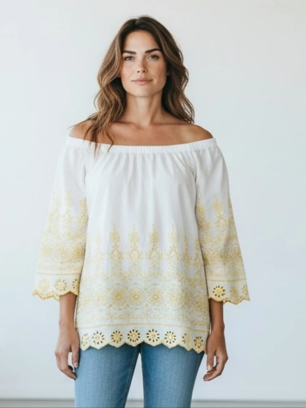 Talbots White Off-Shoulder Top with Yellow Embroidery SP